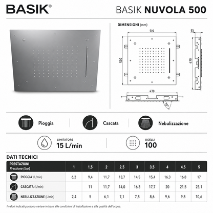 BASIK NUVOLA 500 Soffione Doccia a Soffitto 50x50 cm, Effetto Pioggia, Cascata e Nebulizzazione, Finitura Lucida, Design Moderno per Bagno